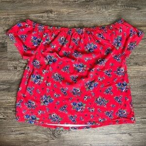 Joe Boxer Off the Shoulder Red w/ Purple Flowers Bohemian Short Sleeve Top Large